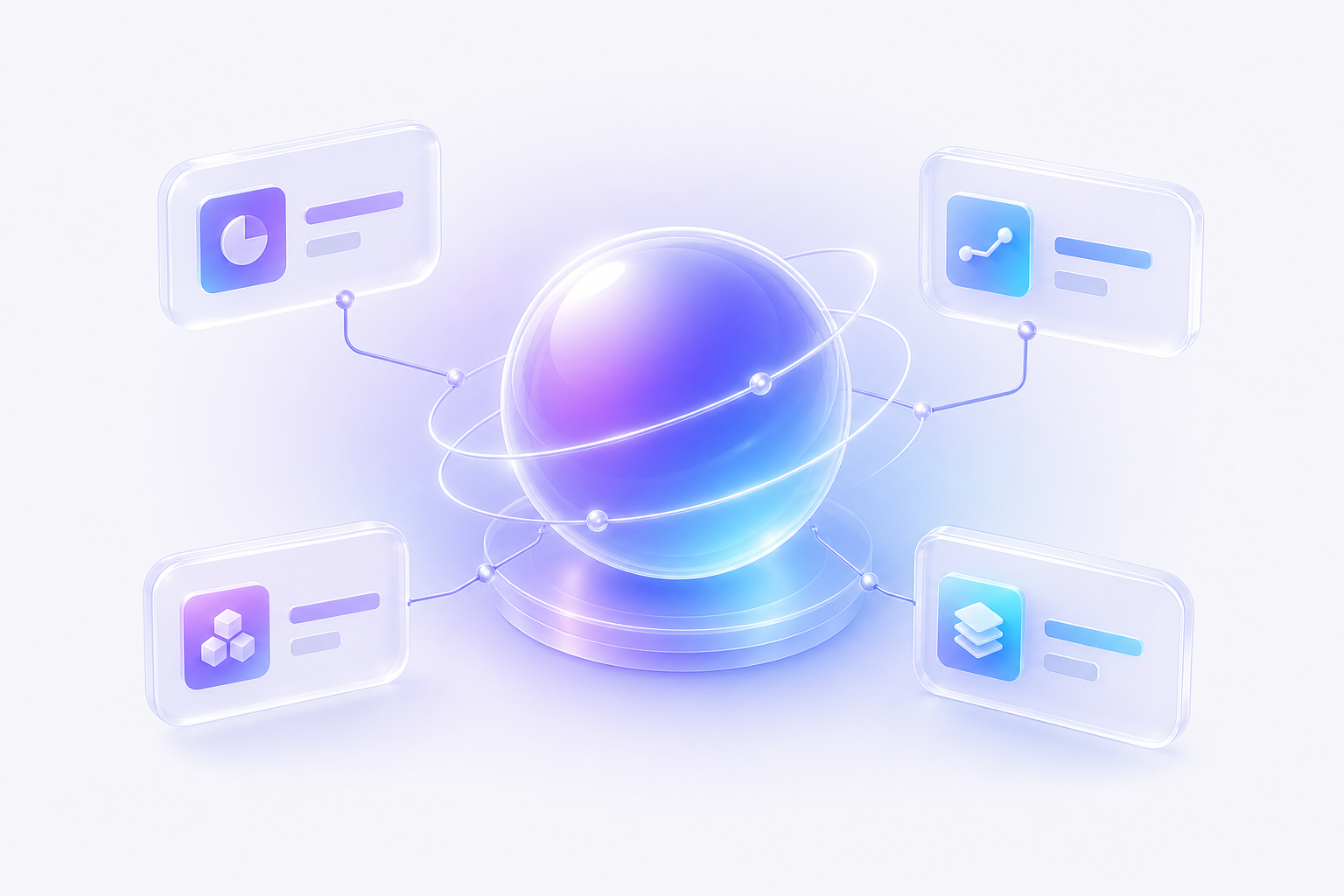 Glowing glass AI agent core orbited by floating Knowledge, Workflows, Governance, and Connectors cards